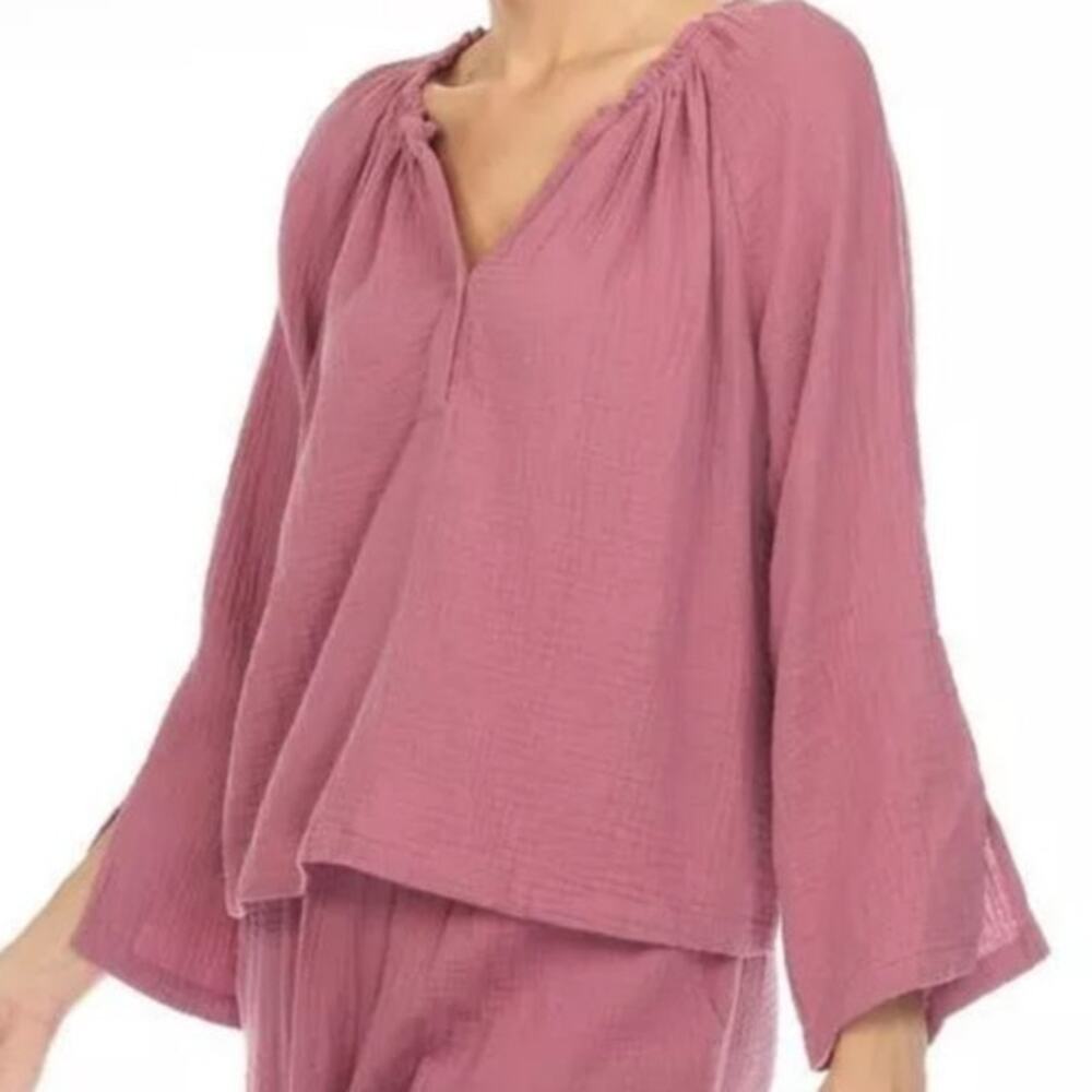 Johnny Was Liya Split Neck Top Pink Organic Cotton 3/4 Sleeve XS Quiet Luxury